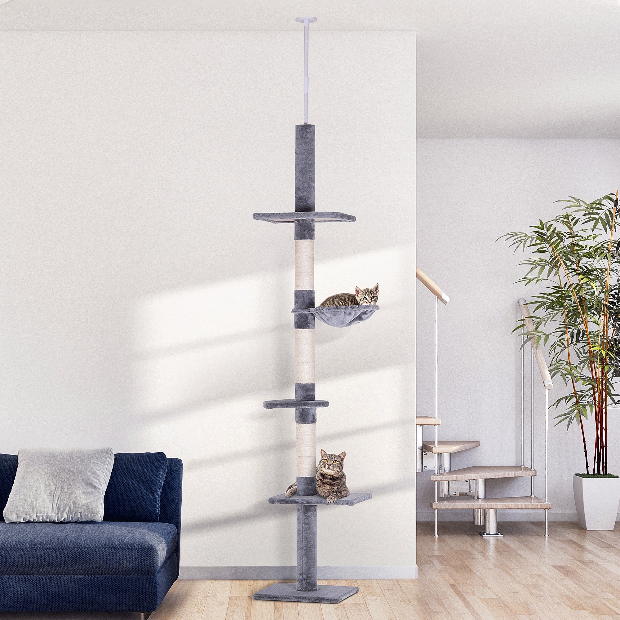 8.5ft Cat Climbing Tree 5-Tier Cat Activity Center Floor-to-Ceiling Cat Climber Toy with Scratching Post Play Rest Post Pet Furniture Grey Floor to Ceiling Cat Trees   at Gallery Canada