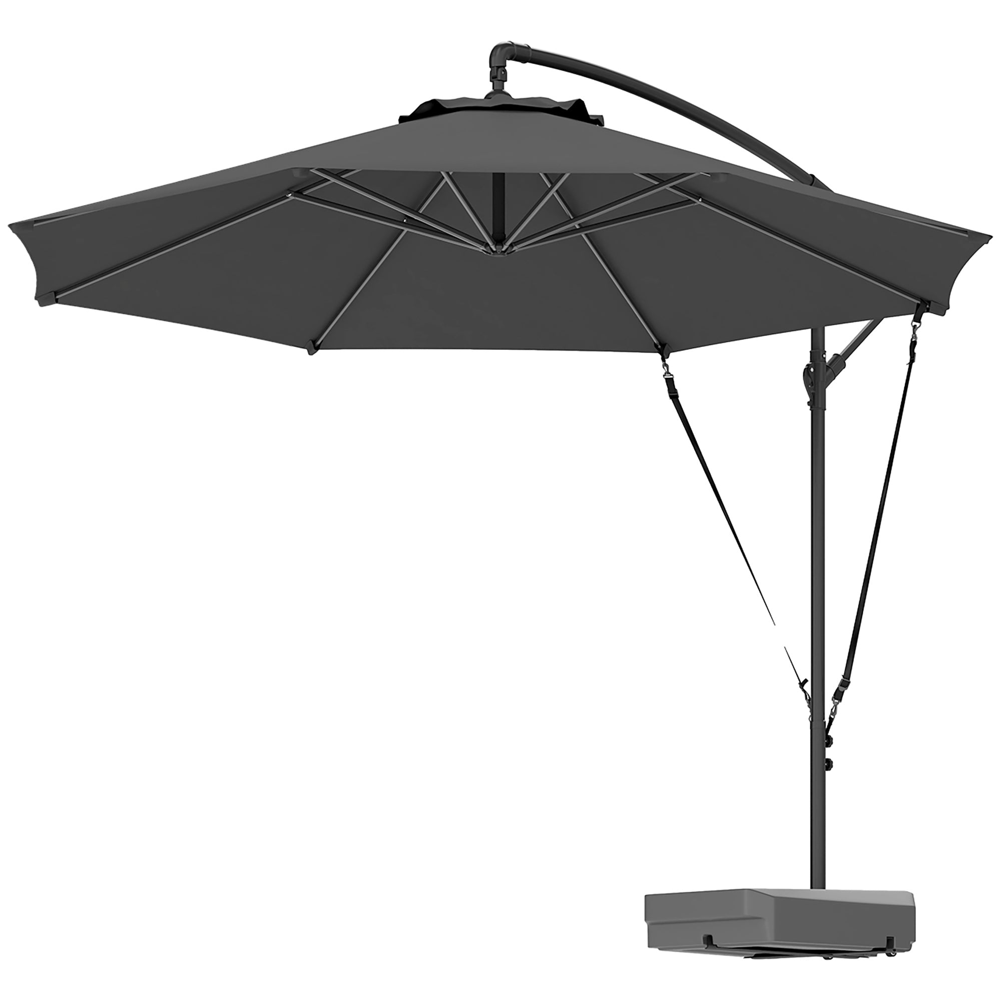 10FT Cantilever Umbrella with Fillable Base, Wind Strap and Cover, Offset Hanging Umbrella with Crank, UPF50+, Grey Offset Cantilever Umbrellas at Gallery Canada