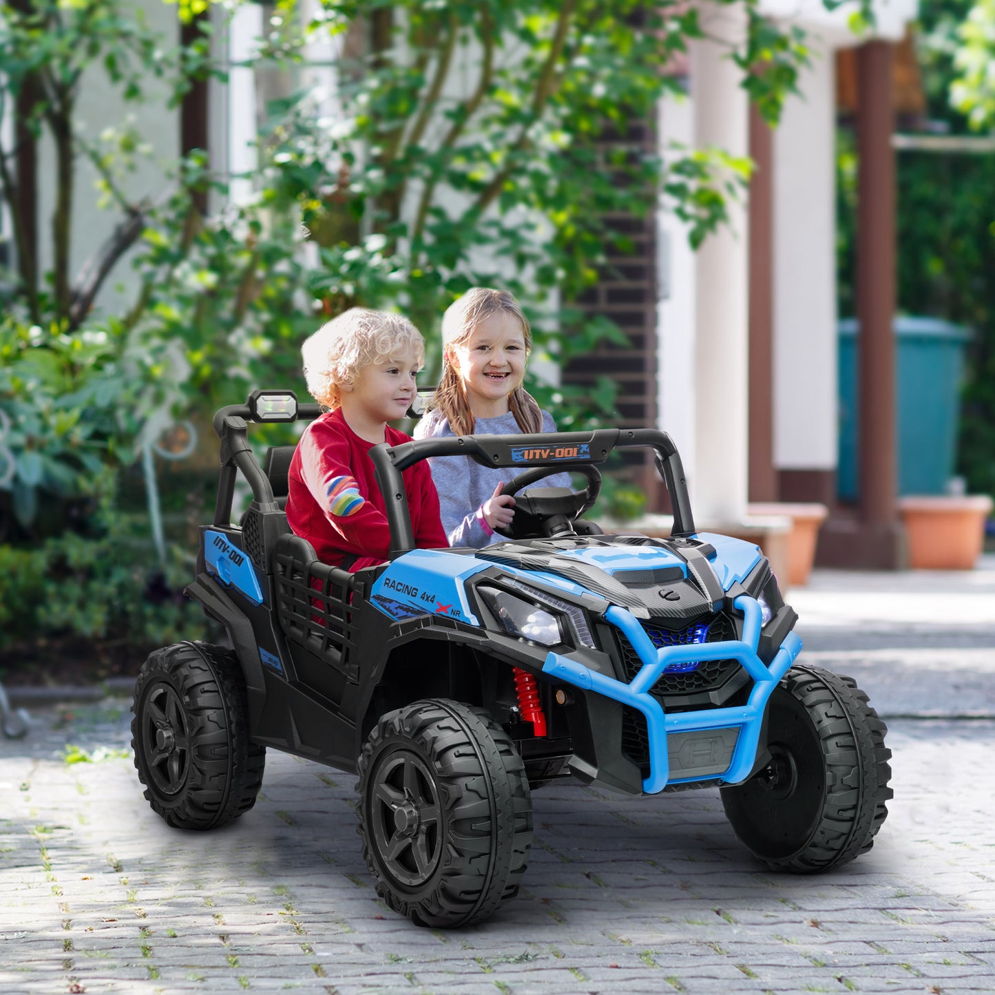 2 Seater 24V Electric Car for Kids w/ Remote Control, 3 Speed, LED Lights, Music, Horn, Spring Suspension, Blue Electric Toy Cars   at Gallery Canada