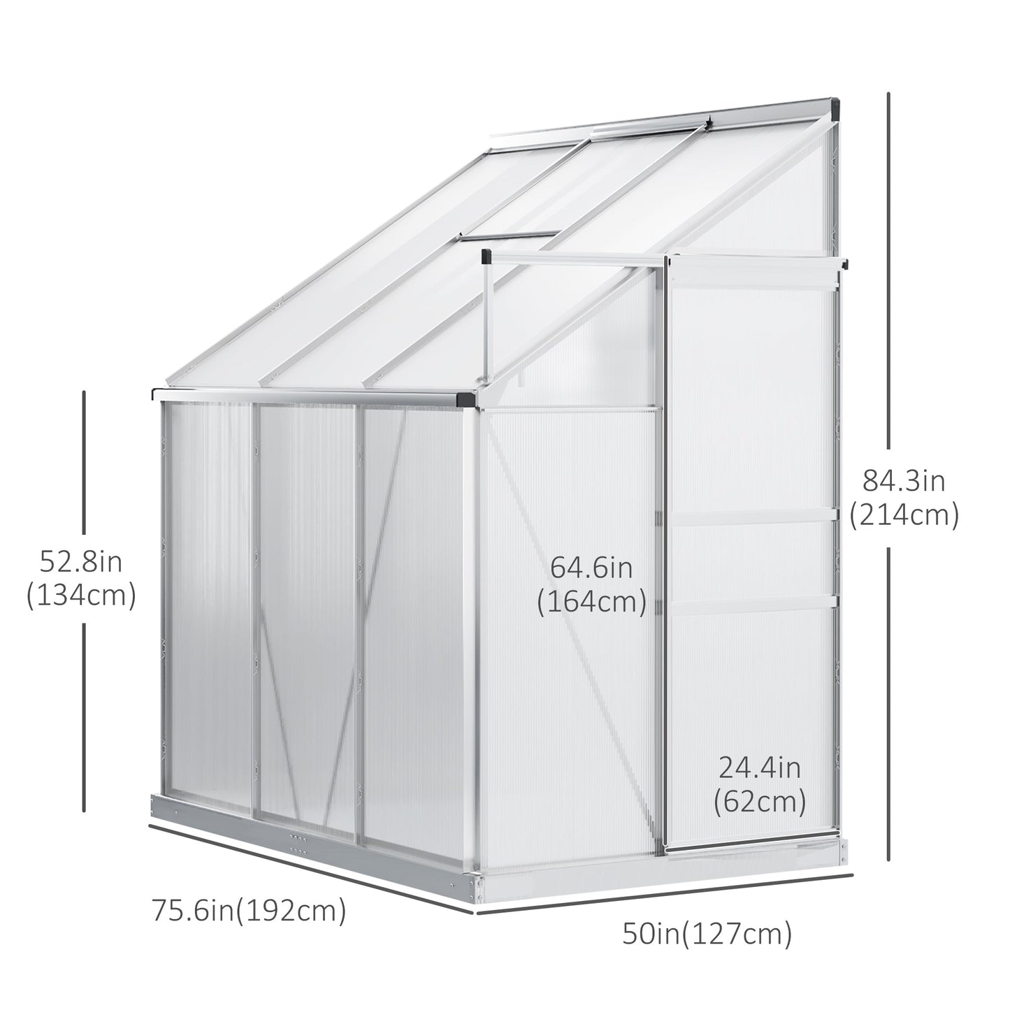 6' x 4' Aluminum Lean-to Greenhouse Polycarbonate Walk-in Garden Greenhouse with Adjustable Roof Vent, Rain Gutter and Sliding Door for Winter, Clear Walk In Greenhouses   at Gallery Canada