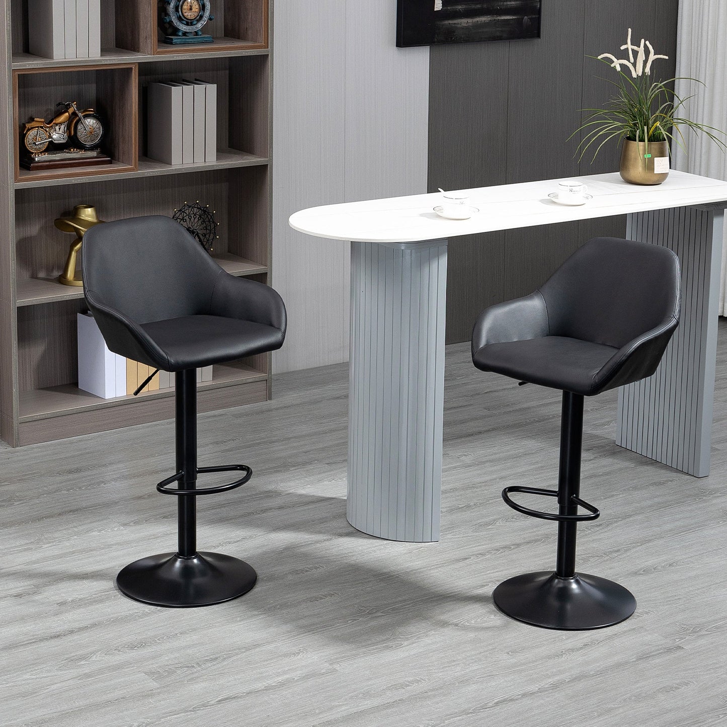 Adjustable Bar Stools Set of 2, Swivel Barstools with Footrest and Back, PU Leather and Steel Round Base, for Kitchen Counter and Dining Room, Black Bar Stools   at Gallery Canada