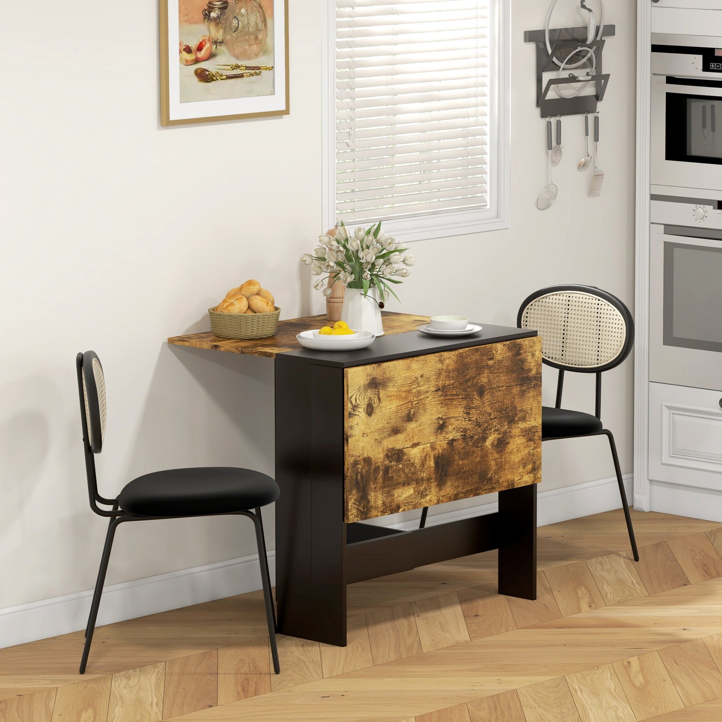 Drop Leaf Dining Table Wood Folding Table Multi-Use Side Table Dining Desk Space Saving Table, Rustic Brown and Black Bar Tables & Dining Tables   at Gallery Canada