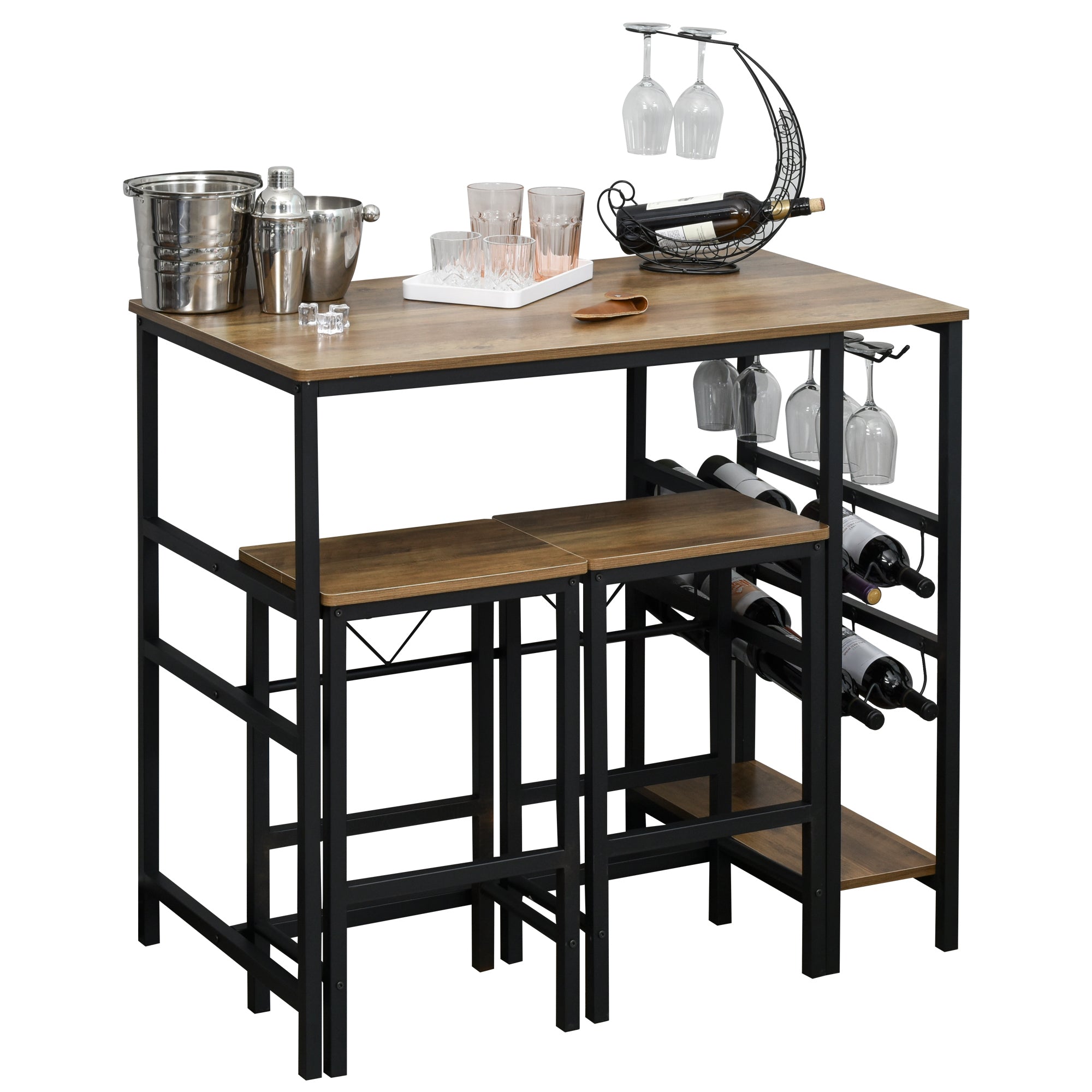 3 Pieces Bar Table Set, Counter Height Table with 8-bottle Wine Rack and Cup Holder, 2 Stools with Metal Frame for Kitchen, Dining Room, Living Room, Pub Bar Sets at Gallery Canada