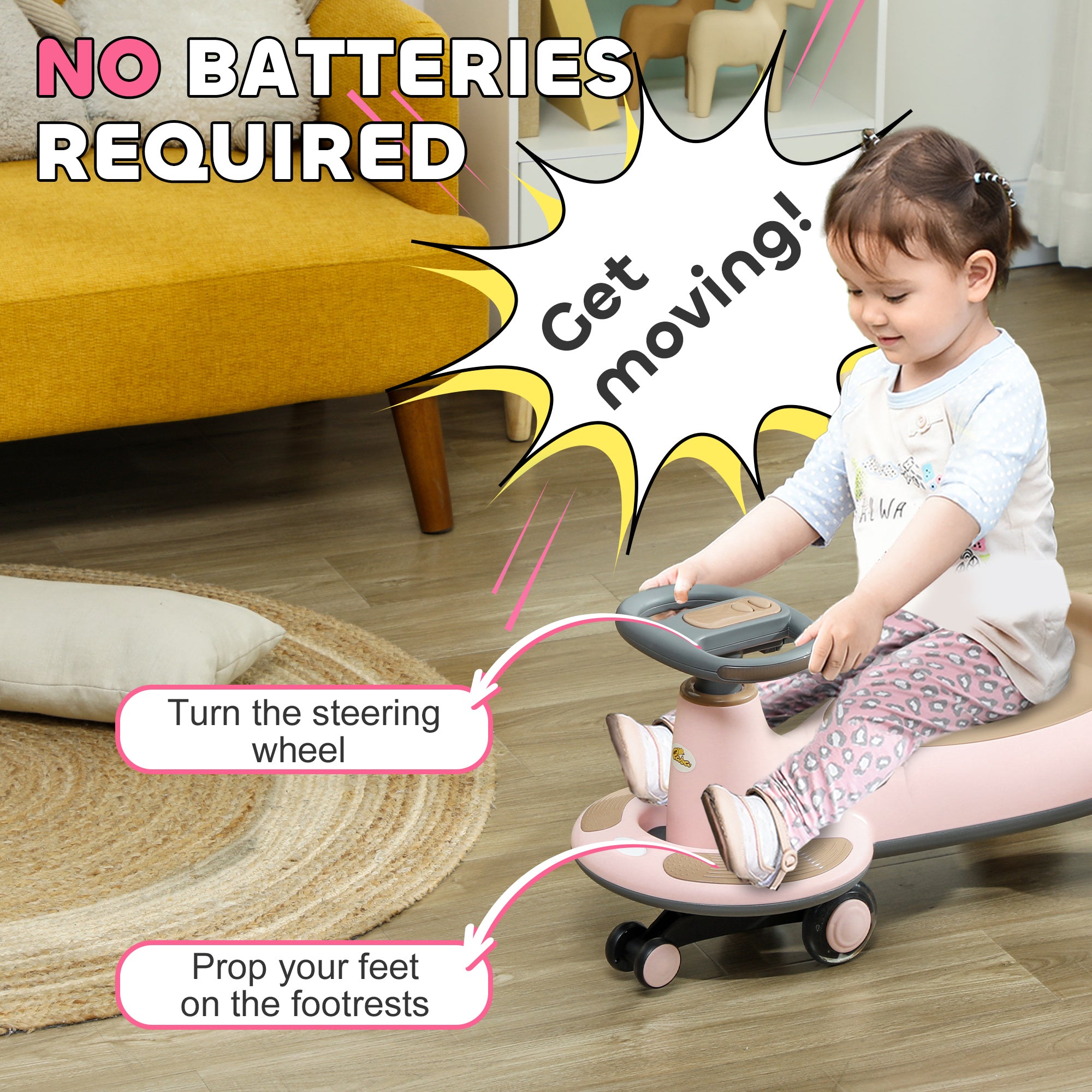 Kids Wiggle Car w/ Parent Traction Rope, Music, Light, Pink Riding & Rocking Toys at Gallery Canada