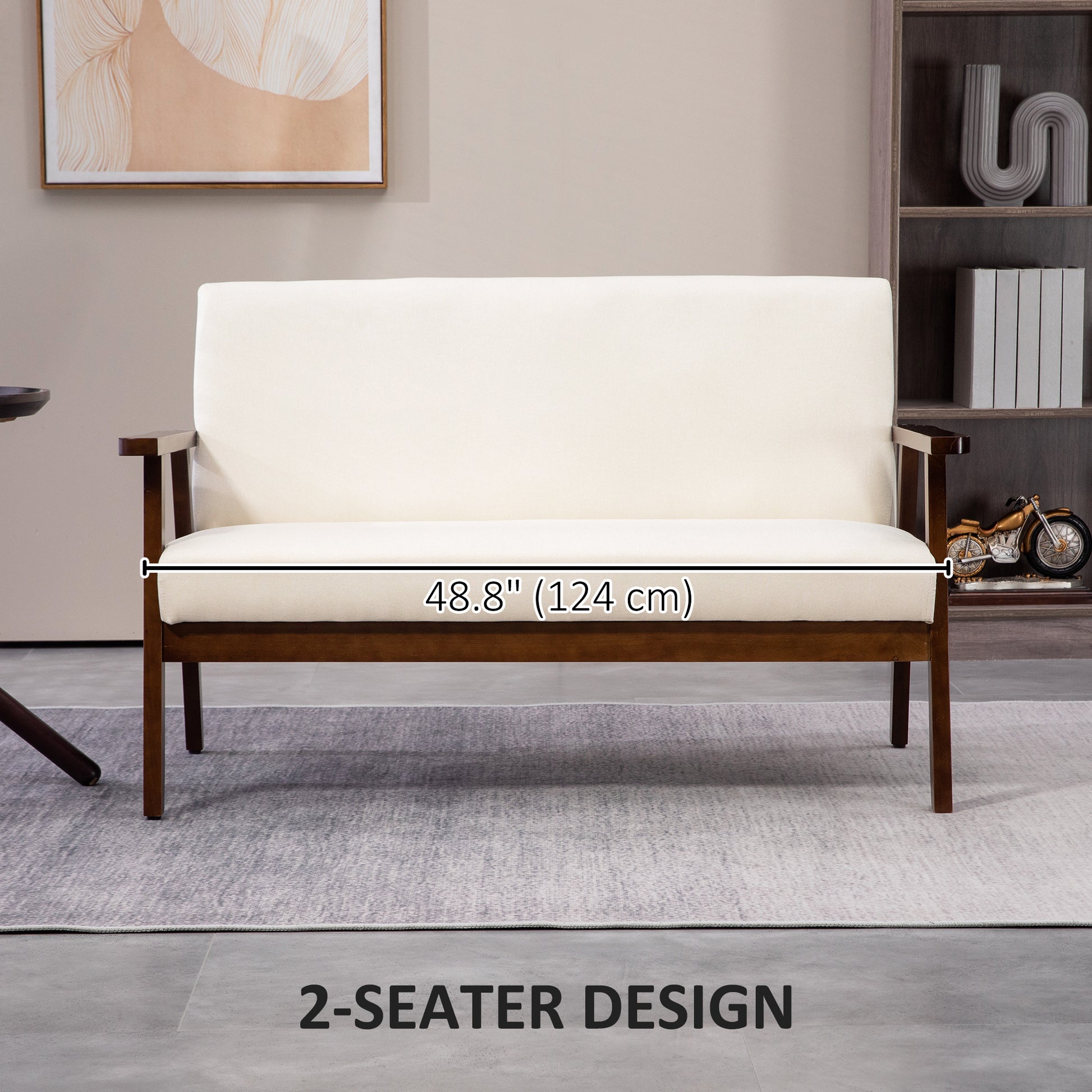 Compact Loveseat Sofa Couch Linen Fabric Double Seat Sofa with Rubber Wood Legs Cream White 2-Seater Sofas   at Gallery Canada