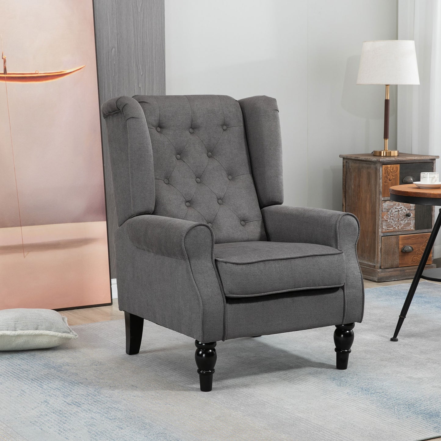 Fabric Accent Chair, Button Tufted Armchair, Armchair with Wood Legs, Thick Padding for Bedroom, Charcoal Grey Accent Chairs Charcaol Grey at Gallery Canada