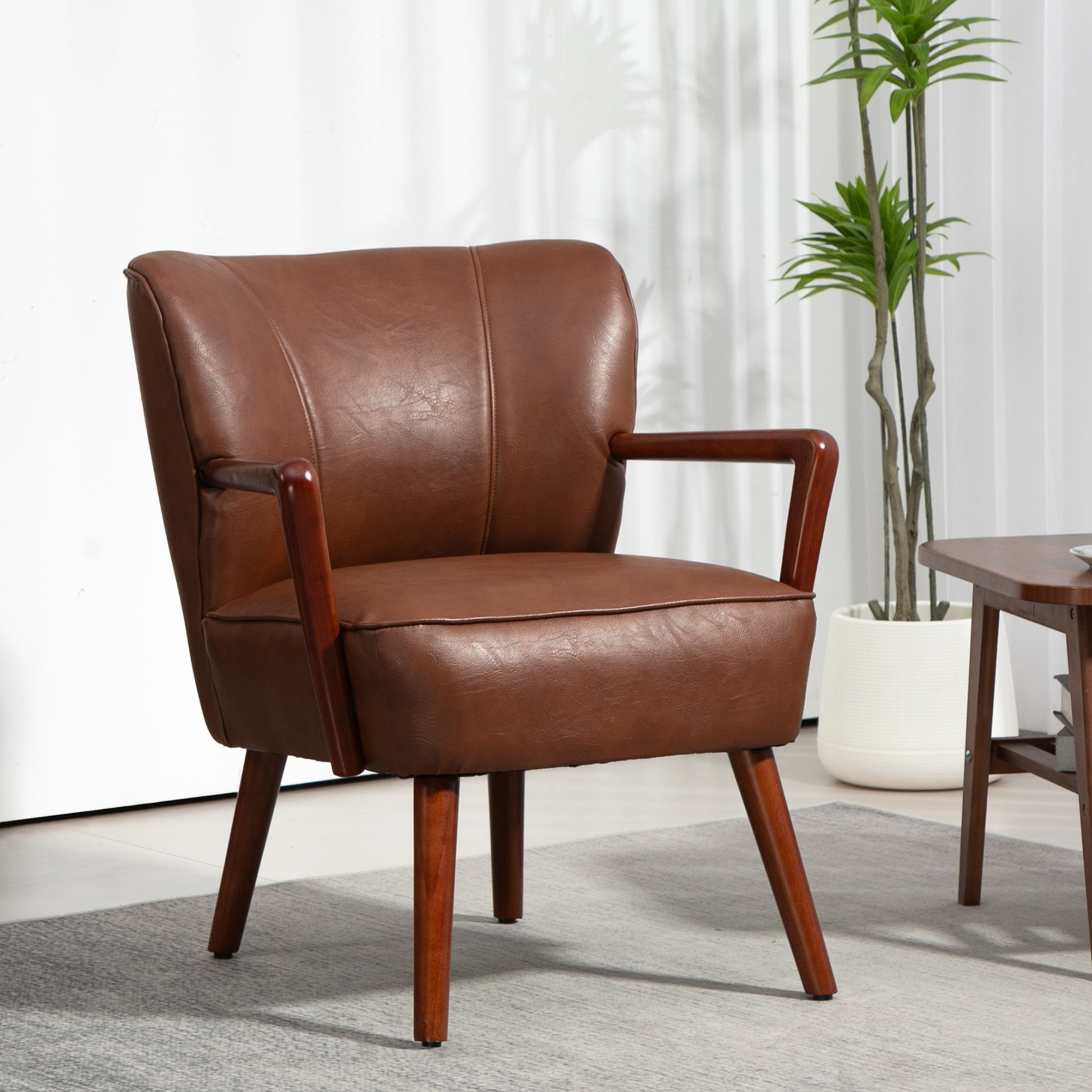 Accent Chair, Modern Armchair, Faux Leather Upholstered Living Room Chair with Wood Legs and Wide Padded Seat, Brown Accent Chairs Brown  at Gallery Canada