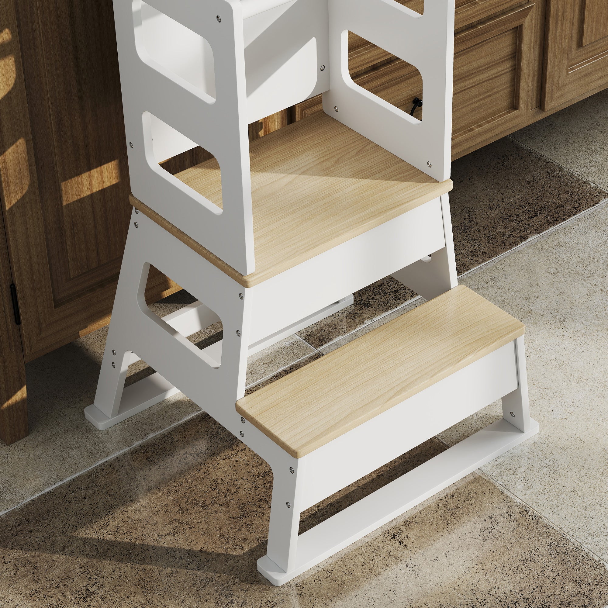 2 in 1 Toddler Tower Kitchen Helper w/ Chalkboard, Safety Rail, for Counter, Bathroom, Sink, Kitchen, White Toddler & Kids Step Stools at Gallery Canada