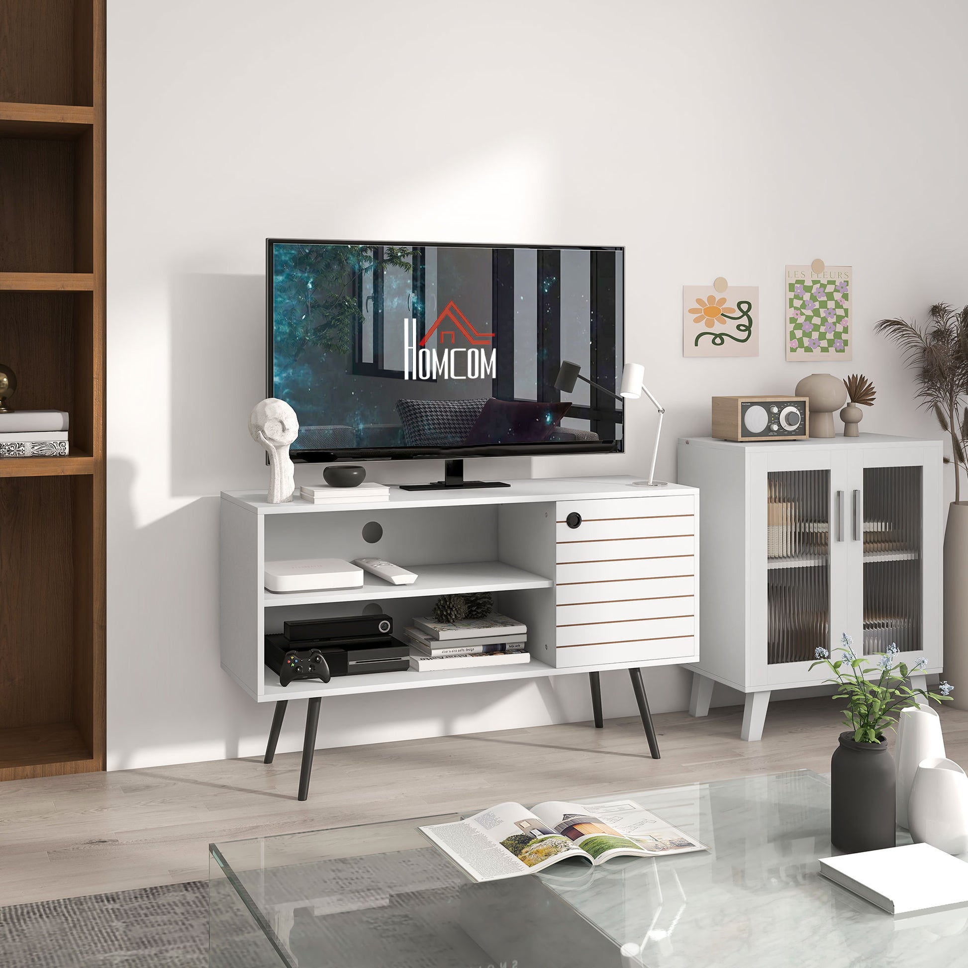 TV Stand Cabinet for 50-Inch, TV Table with Charging Station, Television Stand with Open Shelves, Door and Cable Holes TV Stands White  at Gallery Canada