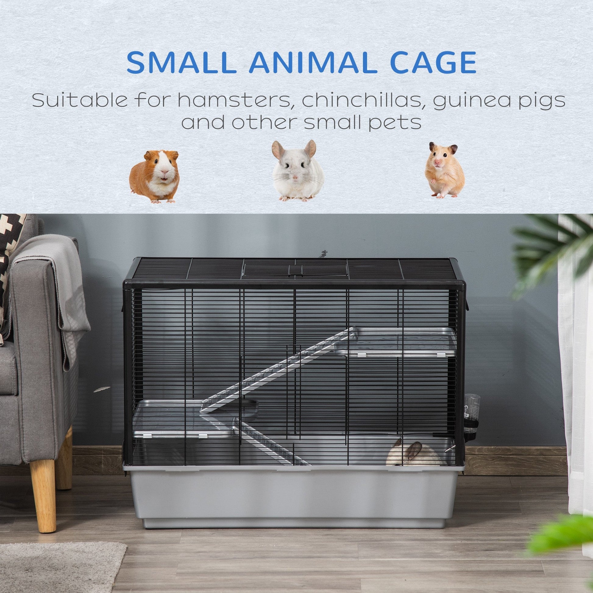 3-tier Hamster Cage, Guinea Pig Cage with Accessories Food Dish Water Bottle, Ramps, 31.5"x19"x 23", Grey Houses & Habitats   at Gallery Canada