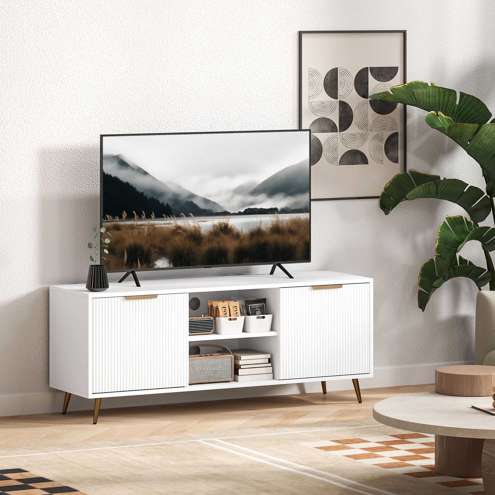 TV Stand with Storage for 55 Inch TV, Modern TV Cabinet with 2 Open Shelves and 2 Cabinets for Living Room, White TV Stands at Gallery Canada