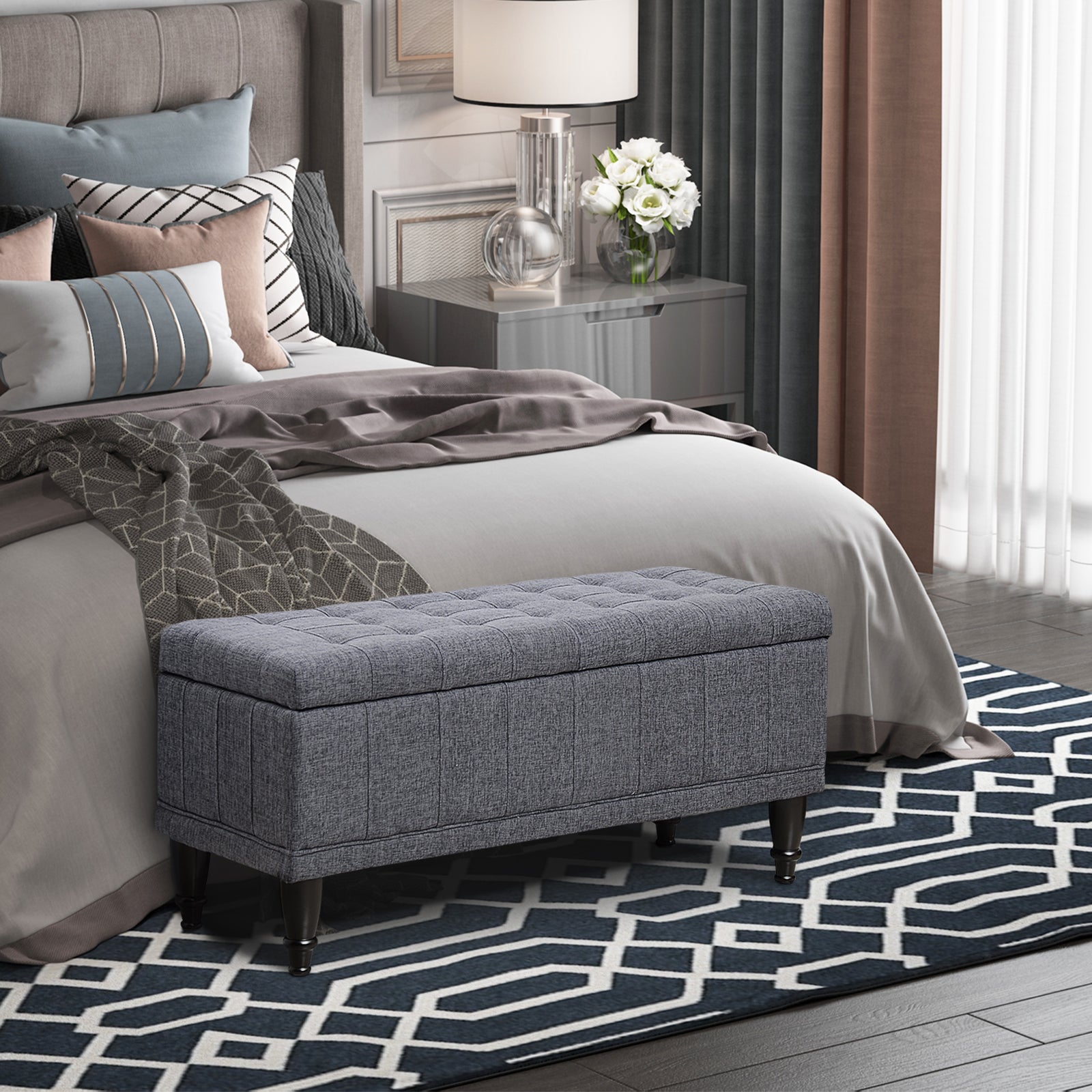 Storage Ottoman, Linen Fabric End of Bed Bench with Soft Close Lid, Button Tufted Storage Bench for Living Room, Entryway or Bedroom, 42