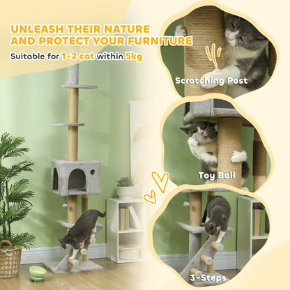 89"-104" Floor to Ceiling Cat Tree w/ Scratching Post, Cat House, 3-Steps, Hanging Ball, Perches, Light Grey Floor to Ceiling Cat Trees   at Gallery Canada