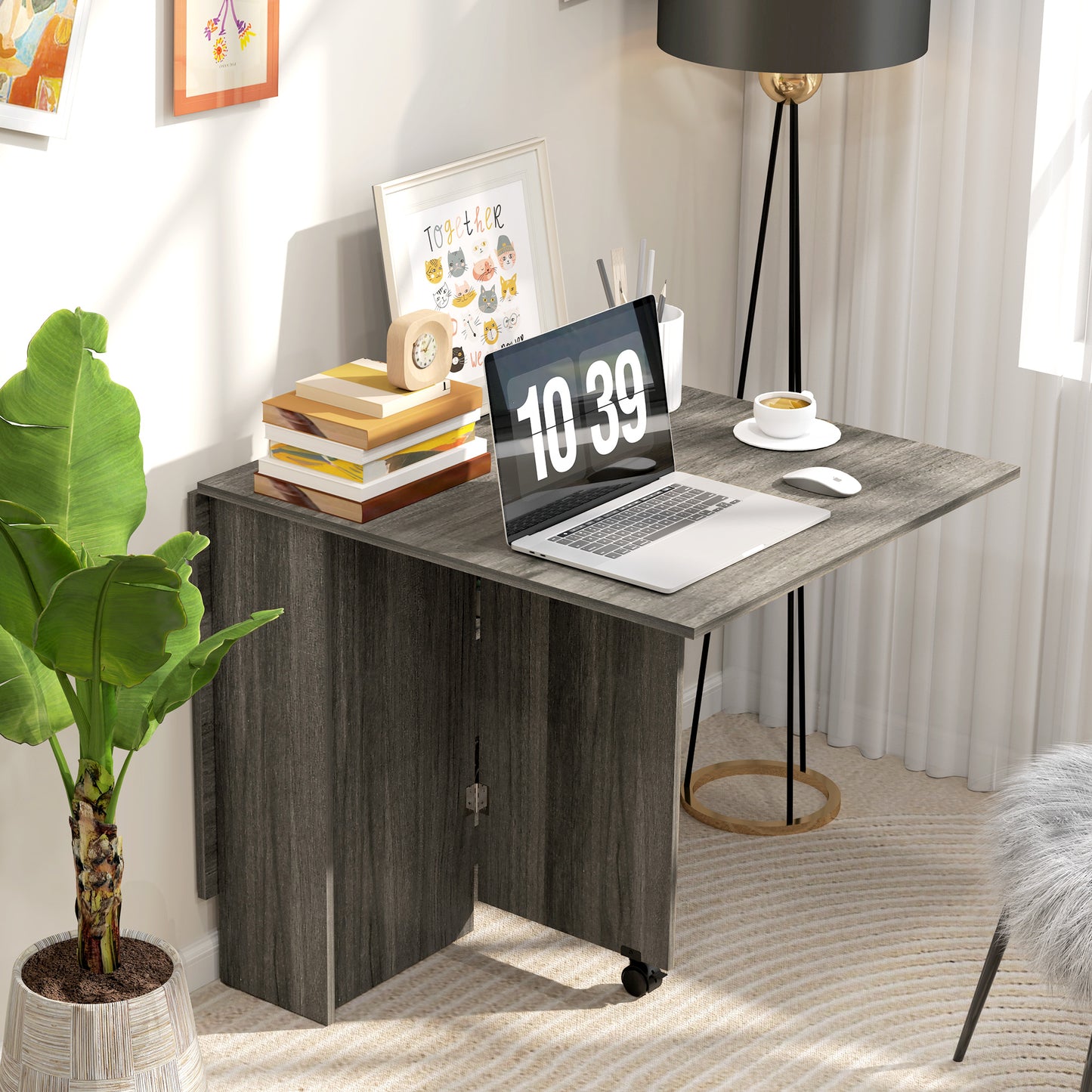 Extendable Dining Table, Collapsible Folding Table w/ 2-tier Shelves and Rolling Casters, Grey Wood Grain Dining Tables   at Gallery Canada