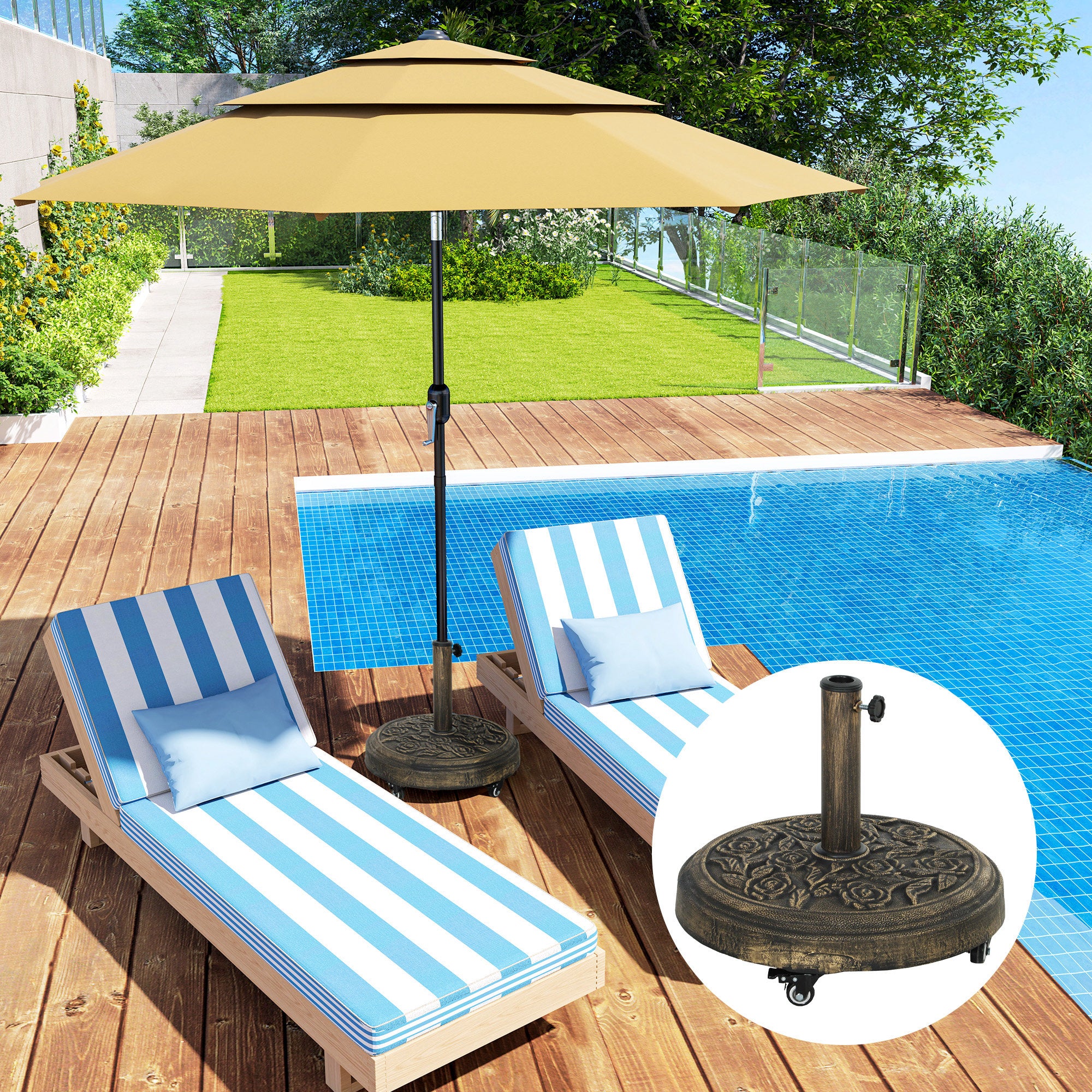 Round Patio Umbrella Base, 46 lbs Resin Umbrella Stand with Wheels, Outdoor Umbrella Stand for 1.3