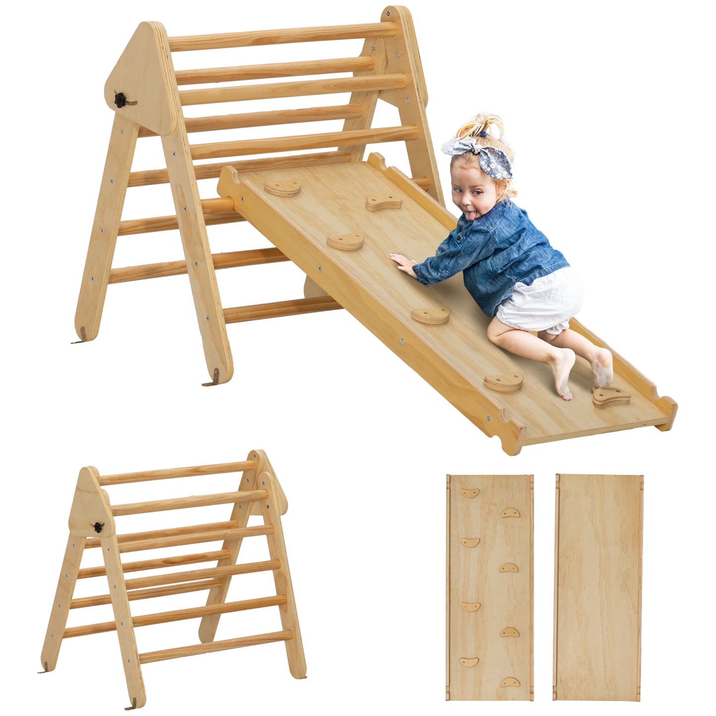 Pikler Triangle Set, 2 in 1 Climbing Toys with Ramp for Toddlers, Nature Wood Baby Gym & Playmats   at Gallery Canada