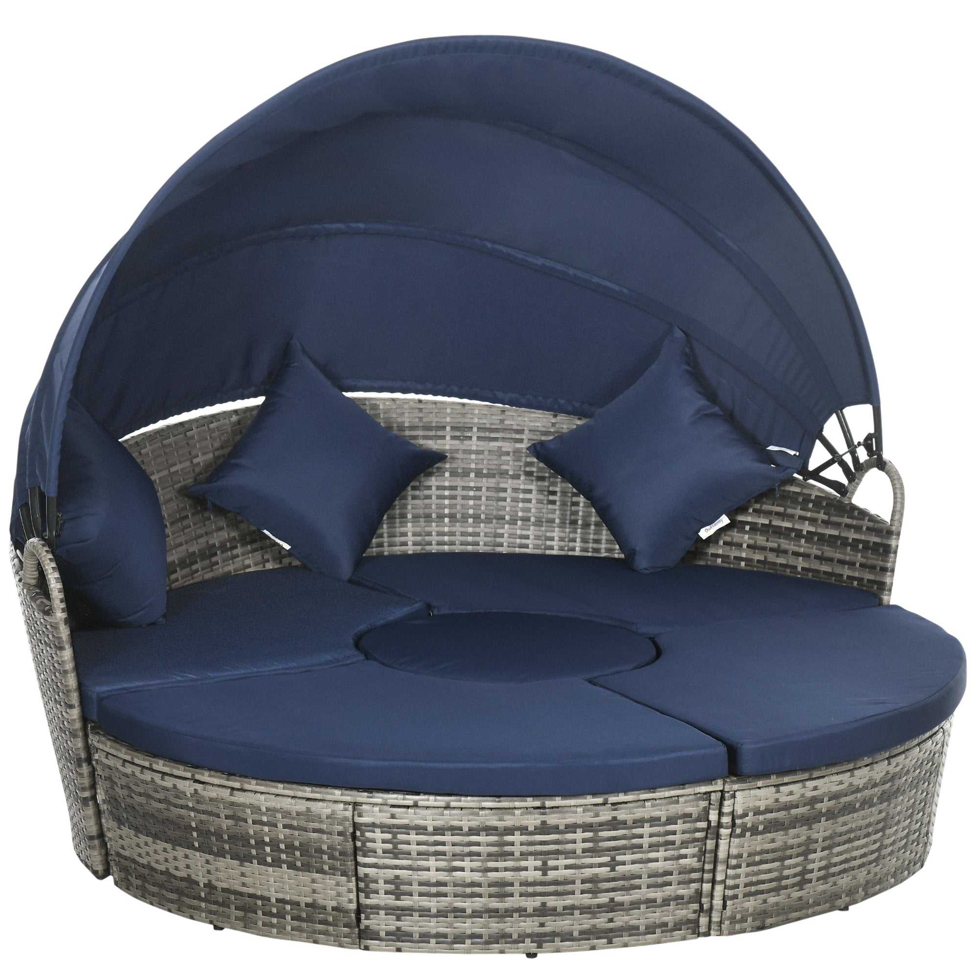 PE Rattan Wicker Outdoor Daybed with Retractable Canopy, Cushions, Dark Blue Daybeds   at Gallery Canada