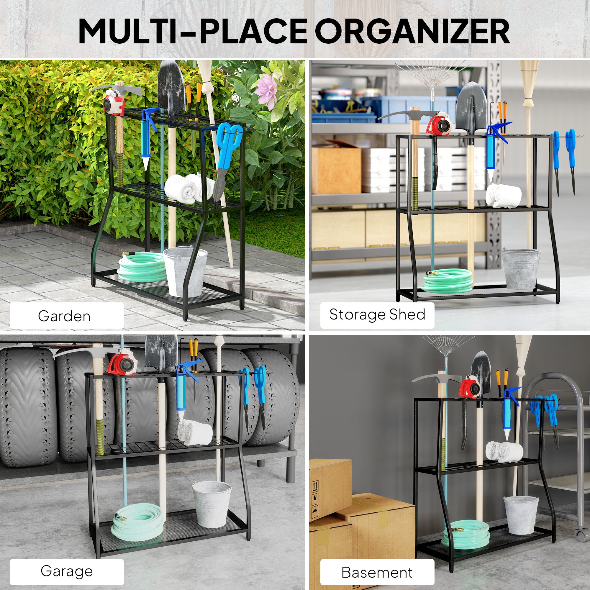 3-Tier Yard Tool Tower Rack, Garden Tool Organizer with Hooks for Long-Handled Rakes, Shovel, Broom, Black Garden Accessories at Gallery Canada