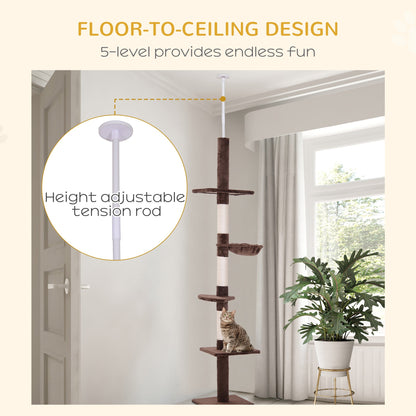 8.5ft Cat Climbing Tree 5-Tier Kitty Activity Center with Scratching Post Brown and White Floor to Ceiling Cat Trees   at Gallery Canada