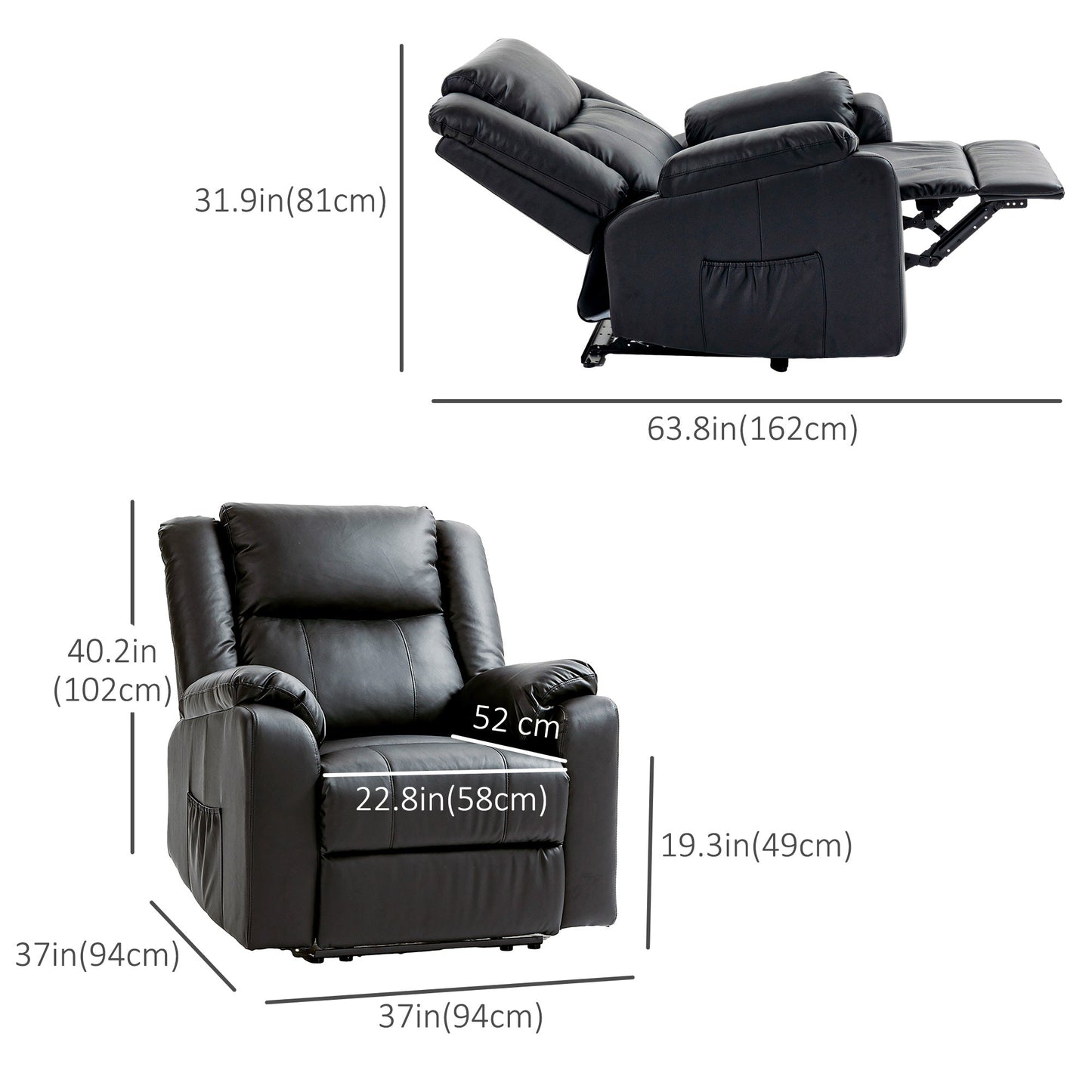 PU Leather Reclining Chair, Recliner Chair for Living Room with Footrest and 2 Side Pockets, Black Single Sofas   at Gallery Canada