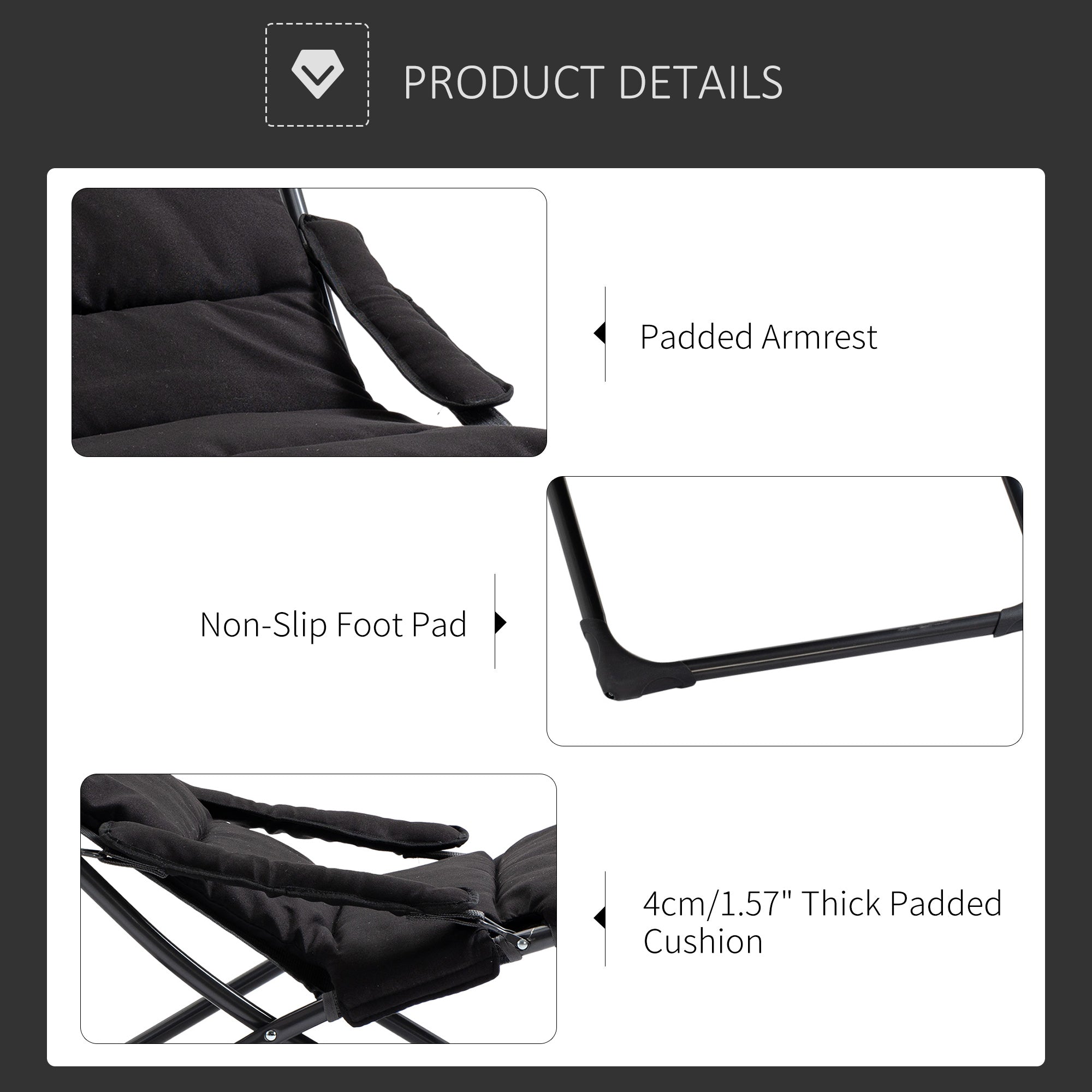 Folding Lounge Chair, Mesh Fabric Lounger with Thick Padded Cushion and Armrest, Camping Beach Chair for Poolside, Deck, Backyard, Black Patio Chairs at Gallery Canada