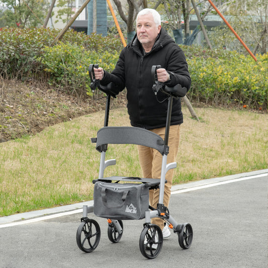 Aluminum Upright Walker with 10'' Wheels, Seat and Backrest, Folding Collator Walker with Storage Bag, Silver