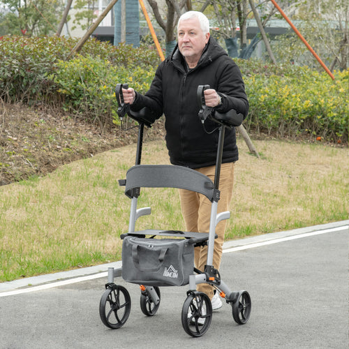 Aluminum Upright Walker with 10'' Wheels, Seat and Backrest, Folding Collator Walker with Storage Bag, Silver