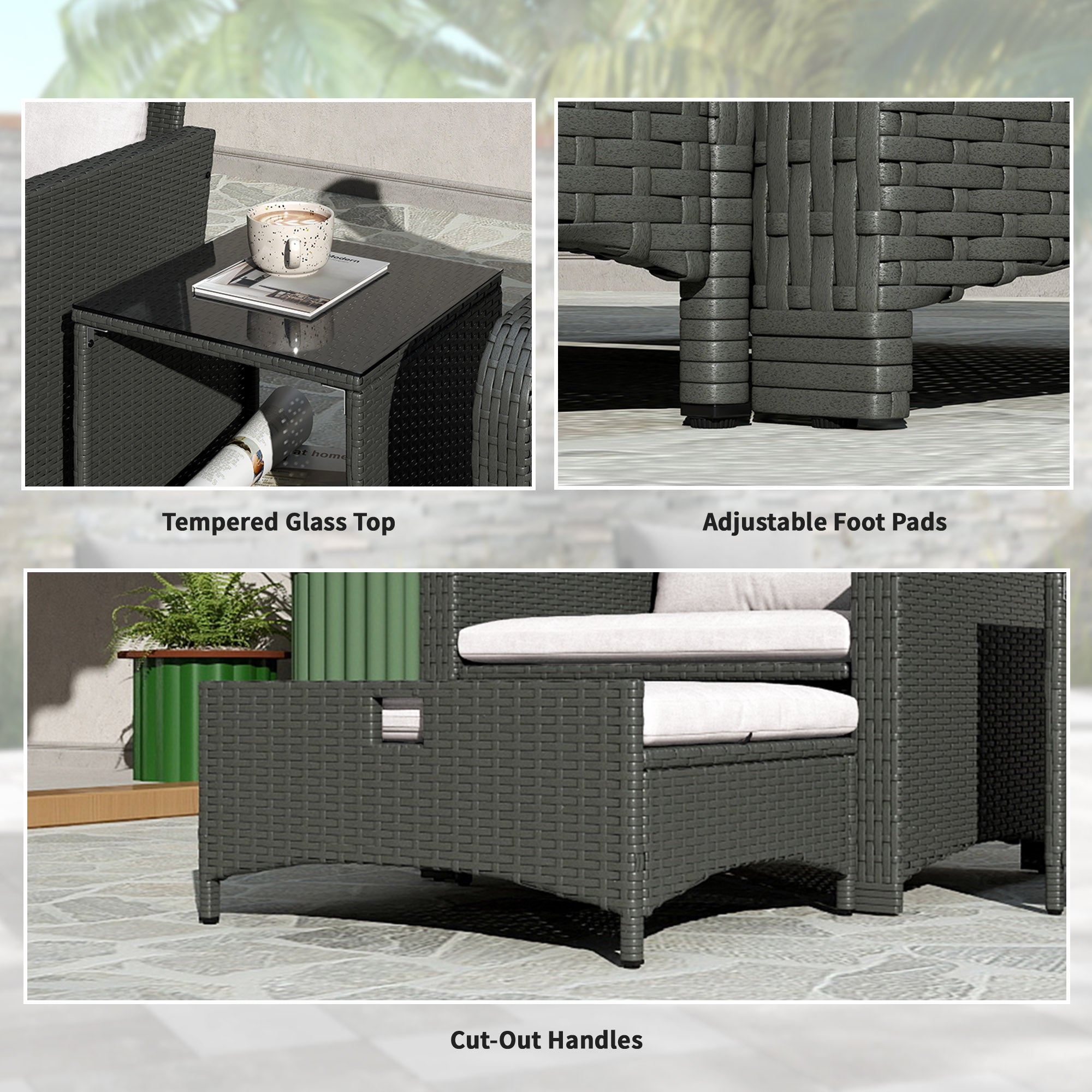 5 Piece Rattan Balcony Furniture Set, Wicker Outdoor Furniture Set with 2-Tier Coffee Table, Ottomans, Grey, Cream White Patio Furniture Sets at Gallery Canada