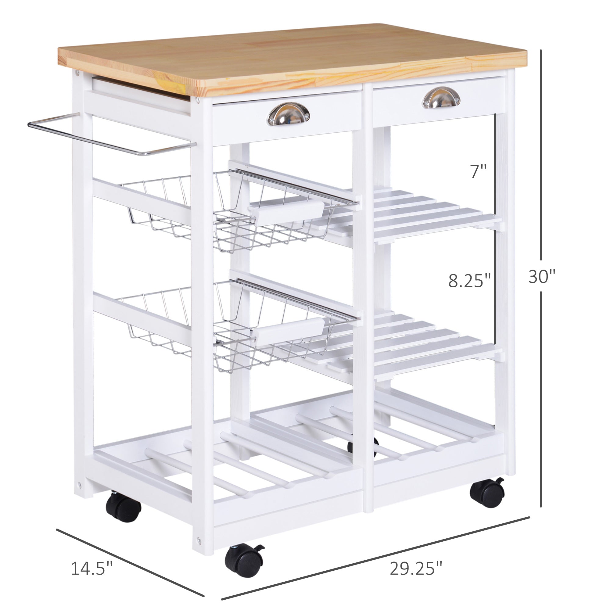 Rolling Kitchen Island Trolley Serving Cart Wheeled Storage Cabinet w/ Basket Shelves and Drawers White Kitchen Islands & Kitchen Carts   at Gallery Canada