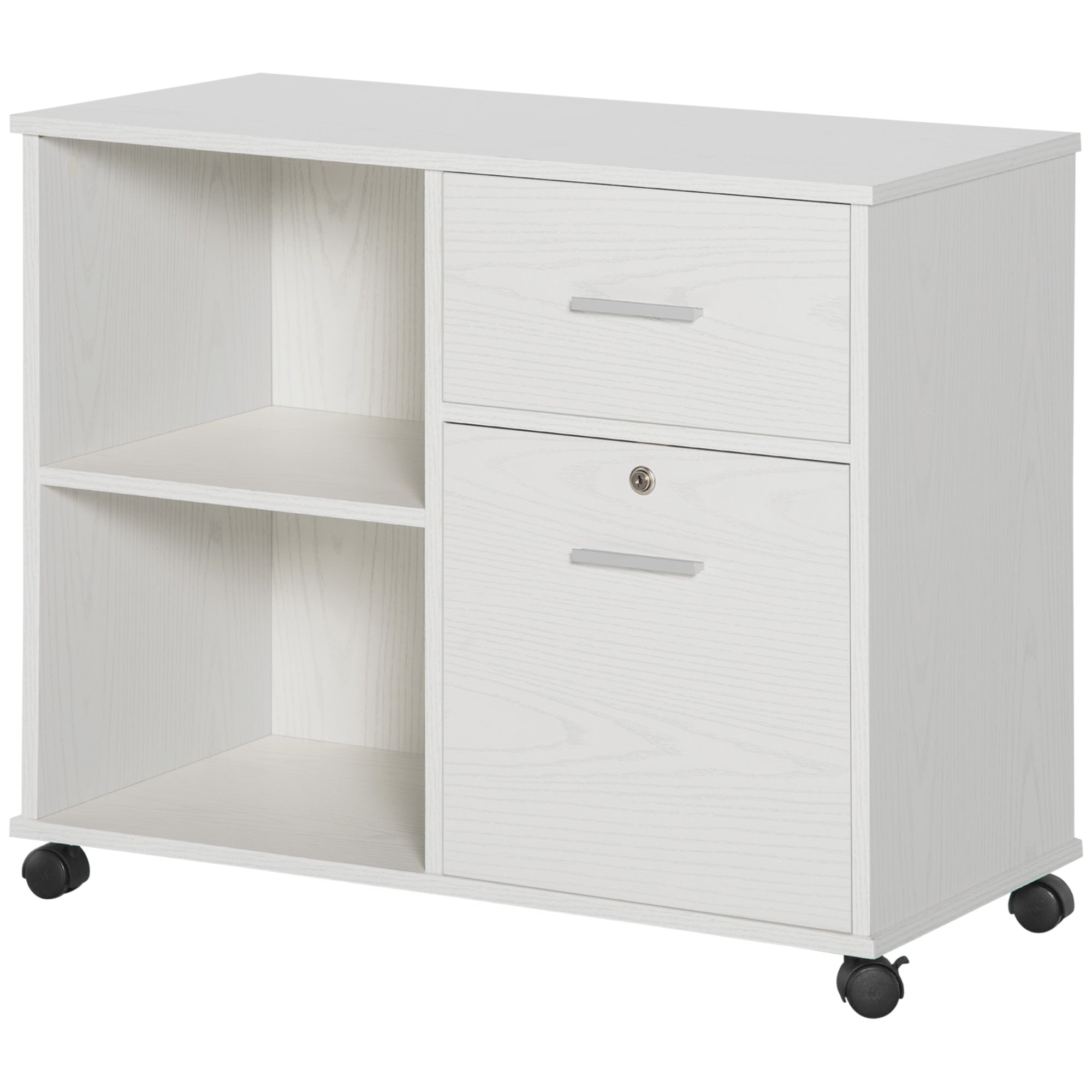 Lateral Filing Cabinet with Wheels, Locking File Cabinet, Mobile Printer Stand with Open Shelves and Drawers for A4 Size Documents, White Office Cabinets & Cupboards at Gallery Canada