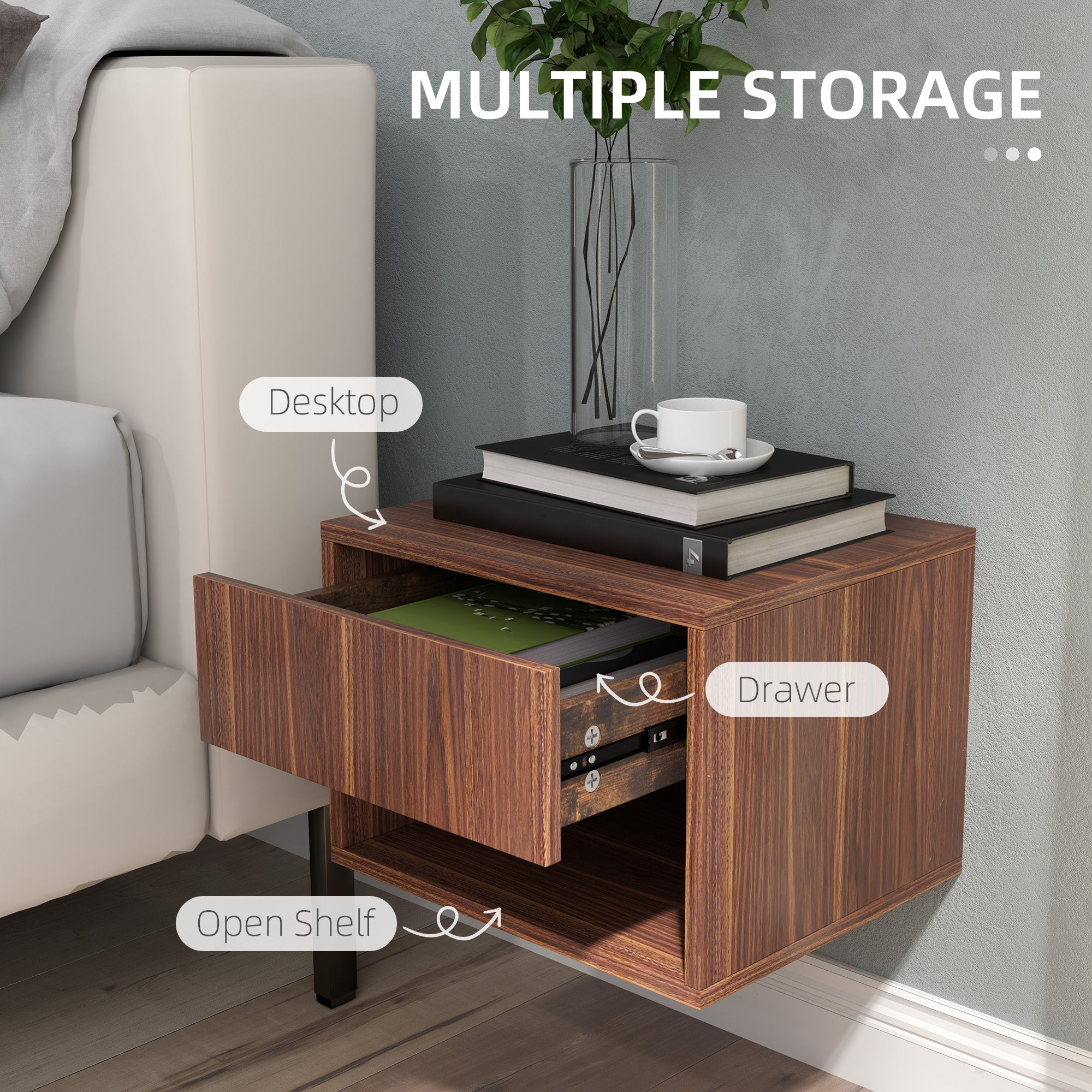 Floating Nightstand Set of 2, Wall Mounted Bedside Table with Drawer for Bedroom, Brown Bedside Tables at Gallery Canada