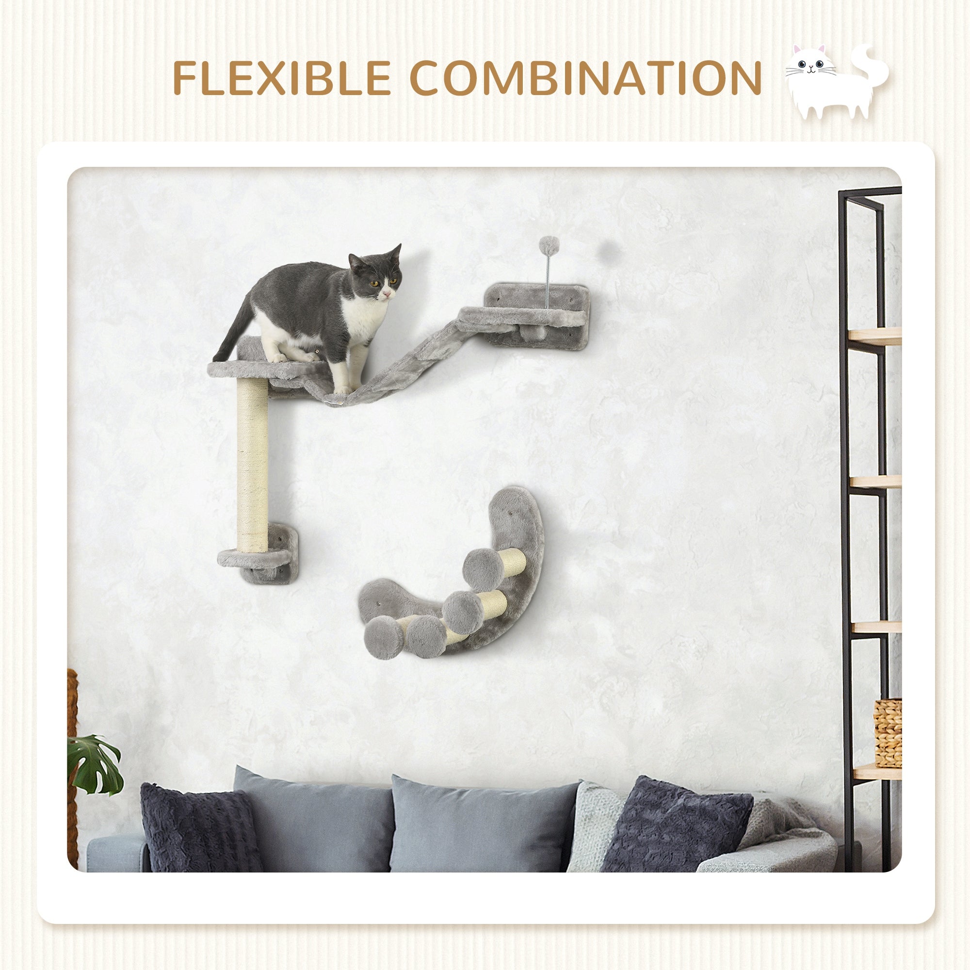 Cat Wall Shelf with Scratching Post, Cat Wall Shelves for Relaxing, Climbing, Double Platforms Cat Wall With Soft Ladder and Play Balls, Grey Cat Climbing Wall   at Gallery Canada