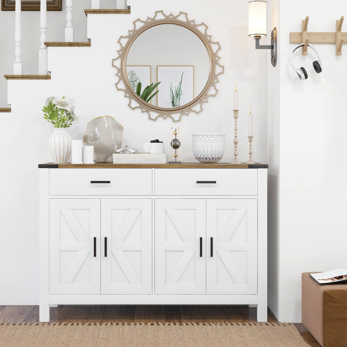 Farmhouse Buffet Cabinet Sideboard with 2 Drawers, 2 Storage Cabinets and Adjustable Shelves, White Bar Cabinets   at Gallery Canada