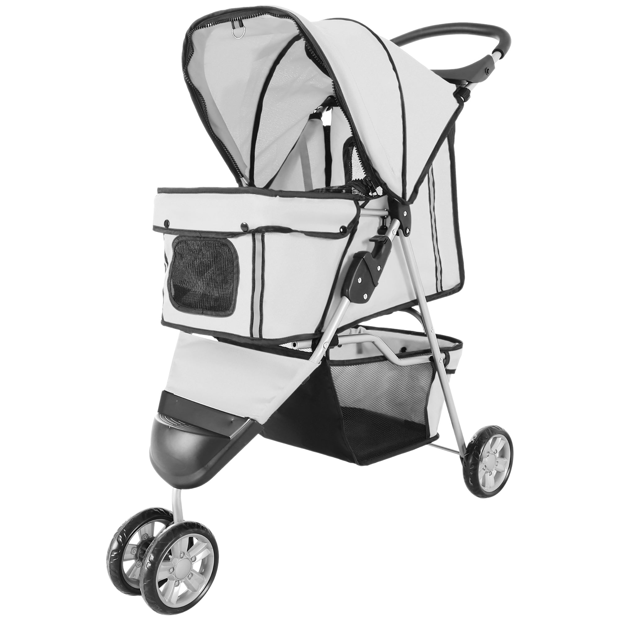 3 Wheels Foldable Dog Stroller with Storage Basket, Adjustable Canopy, Cupholder for Miniature and Small Dogs, Grey Dog Bike Trailers & Strollers at Gallery Canada