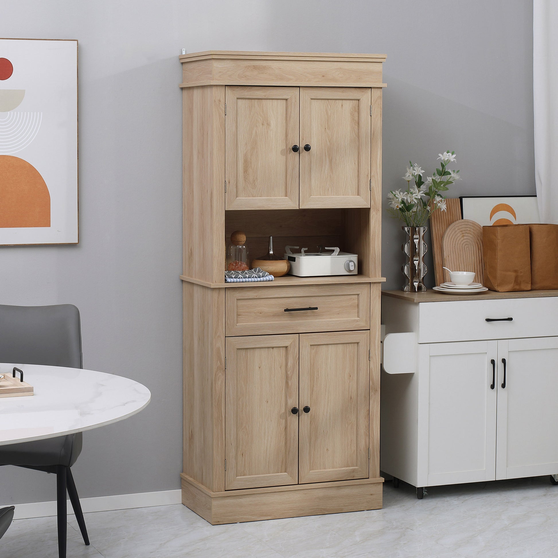 Modern Freestanding Kitchen Pantry Cabinet Cupboard with Doors Open Shelves Adjustable Shelving Microwave Space, Oak Kitchen Pantry Cabinets   at Gallery Canada