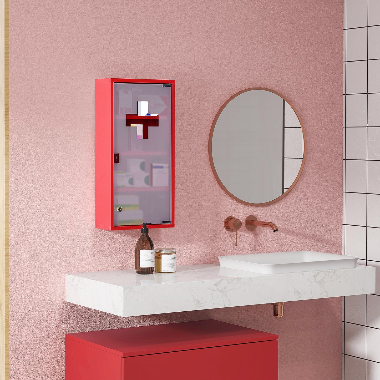 Wall Mount Medicine Cabinet Bathroom Cabinet with 4 Tier Shelves, Steel Frame and Glass Door, Lockable with 2 Keys Mirror Medicine Cabinets Red  at Gallery Canada