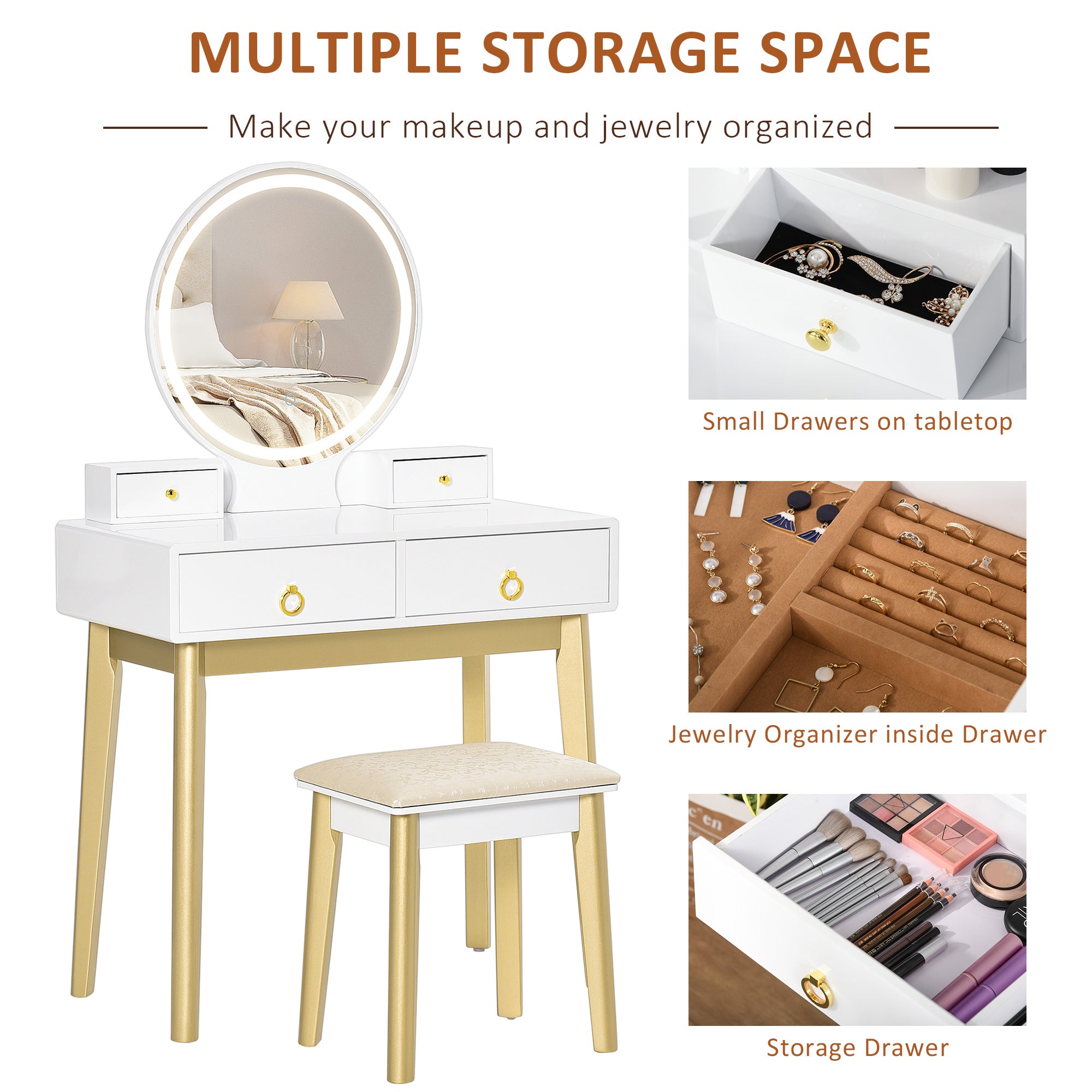Makeup Vanity Table Set with Round Mirror, Built-in 3 Color LED Light, Dressing Desk with 4 Drawers and Cushioned Stool for Bedroom, White Dressing & Vanity Tables at Gallery Canada