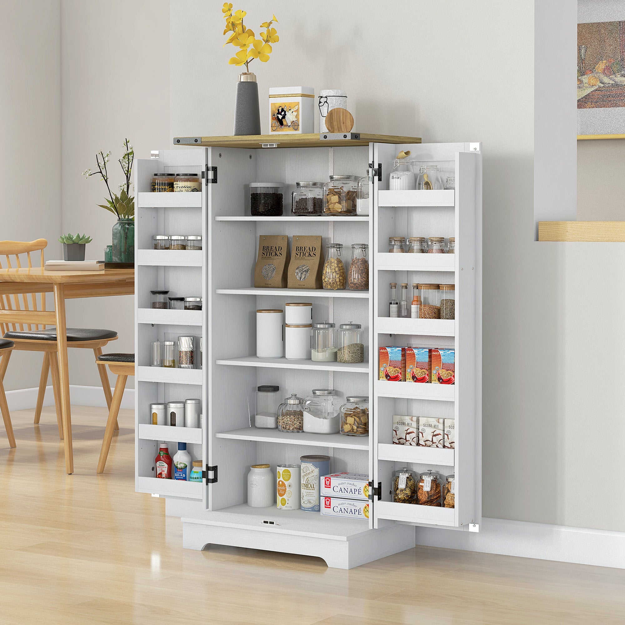 Farmhouse Kitchen Pantry Storage Cabinet, Kitchen Pantry Cabinet with Doors and Adjustable Shelves, Cream White Kitchen Pantry Cabinets Multi Colour  at Gallery Canada