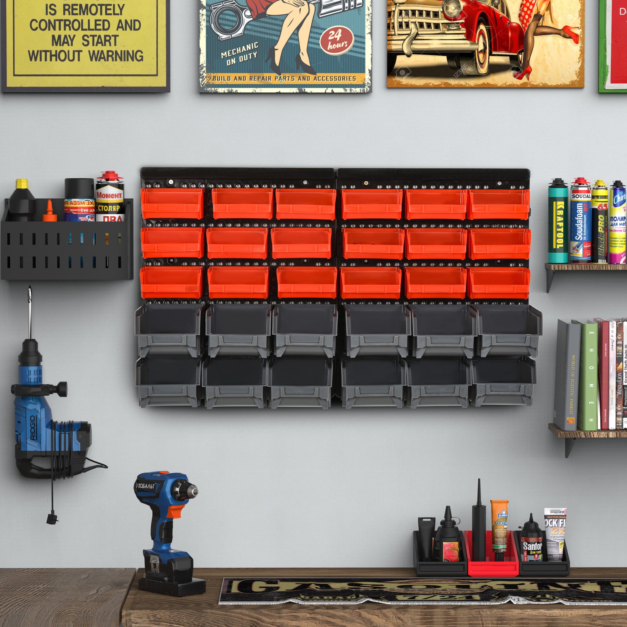Wall Mounted Storage Bin Rack Tool Organizer with 30 Bins, Pegboard for Garage Workshops Red Tool Organizers at Gallery Canada