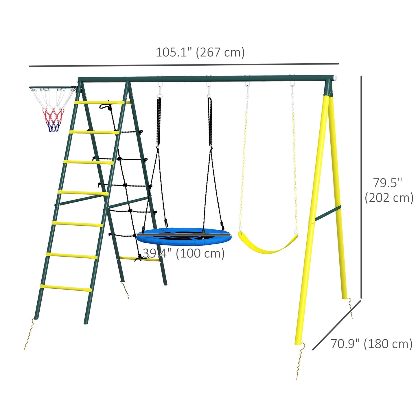 4 in 1 Swing Set for Kids with Saucer Swing, Seat, Climbing Ladder/Net, Basketball Hoop for 3-8 Years Old, Yellow - Gallery Canada