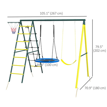 4 in 1 Swing Set for Kids with Saucer Swing, Seat, Climbing Ladder/Net, Basketball Hoop for 3-8 Years Old, Yellow Gym Sets & Swings   at Gallery Canada