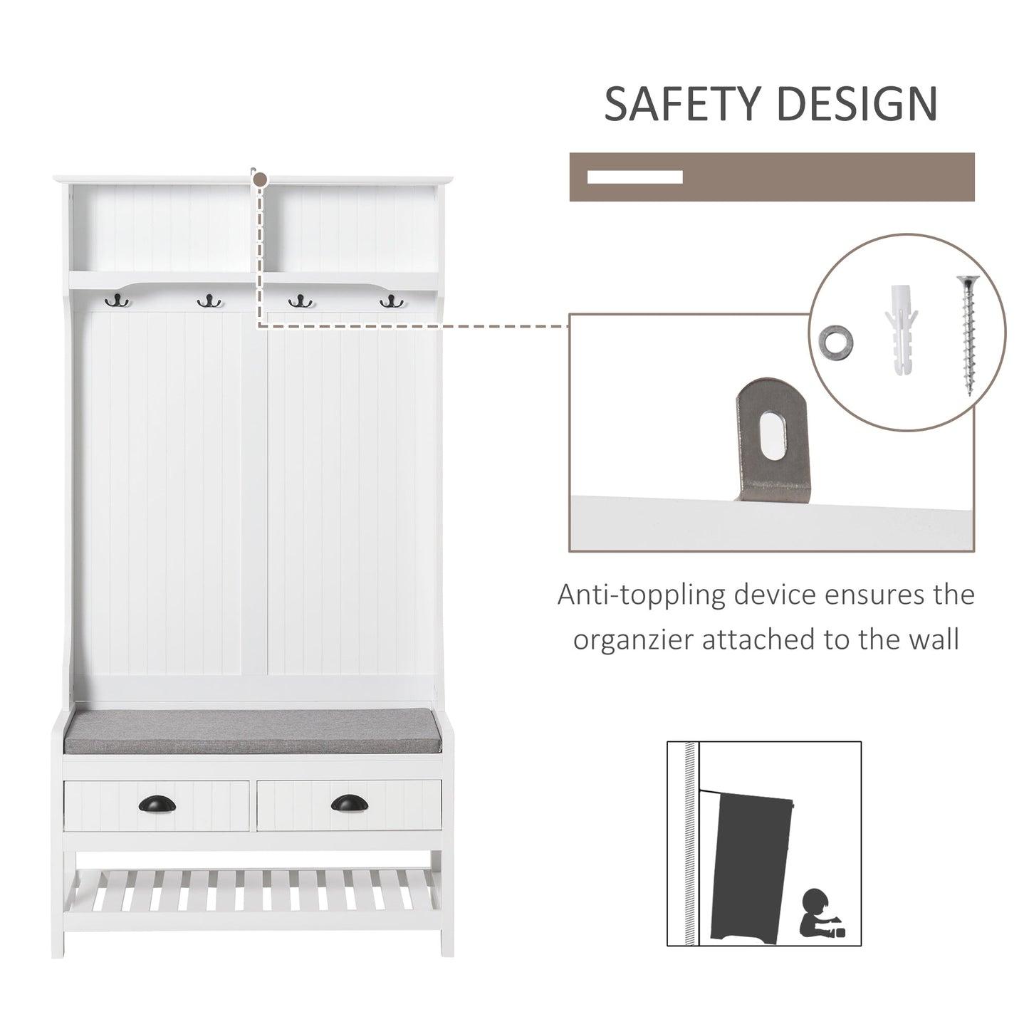 Multi-Functional Coat Stand with Shoe Storage Bench, Drawers, Padded Seat - White Clothing Storage   at Gallery Canada