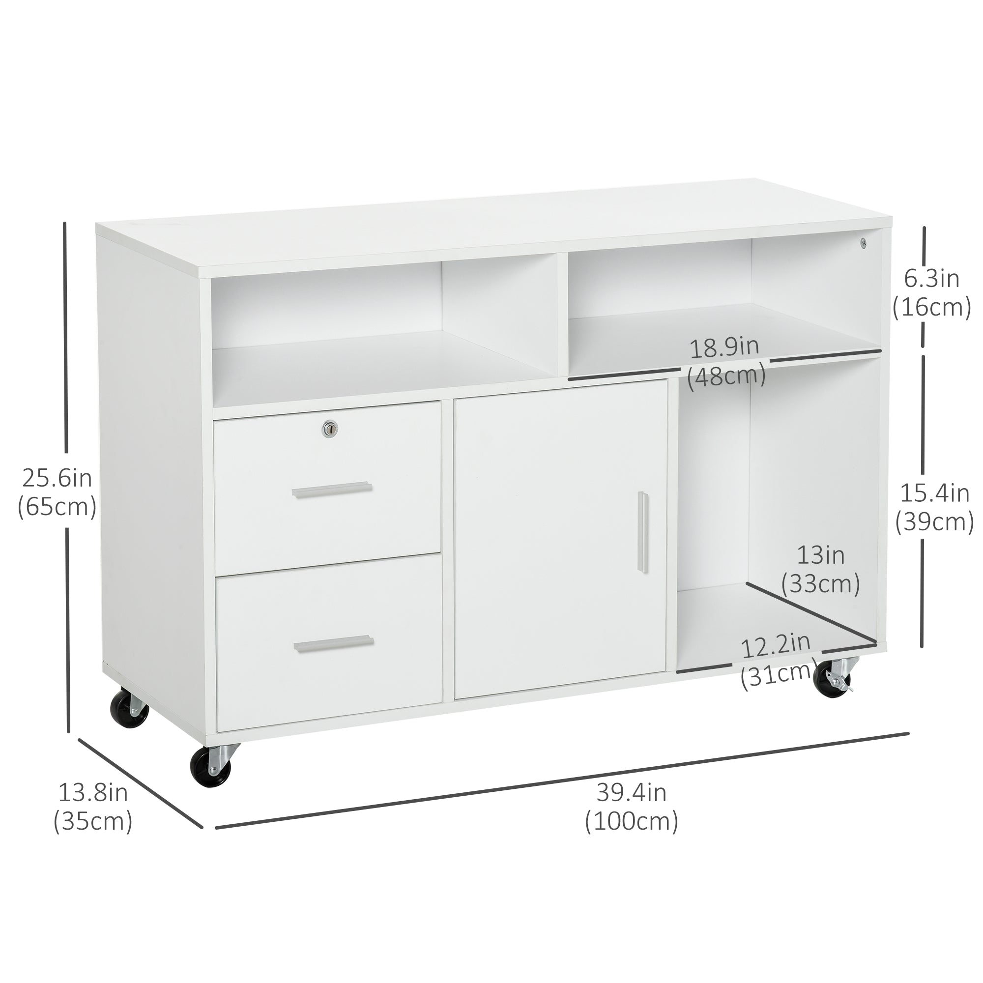 Lateral Filing Cabinet with Open Storage Shelf, Printer Stand Home Office Mobile File Cabinet with Wheels, Lockable Drawer, White Office Cabinets & Cupboards at Gallery Canada