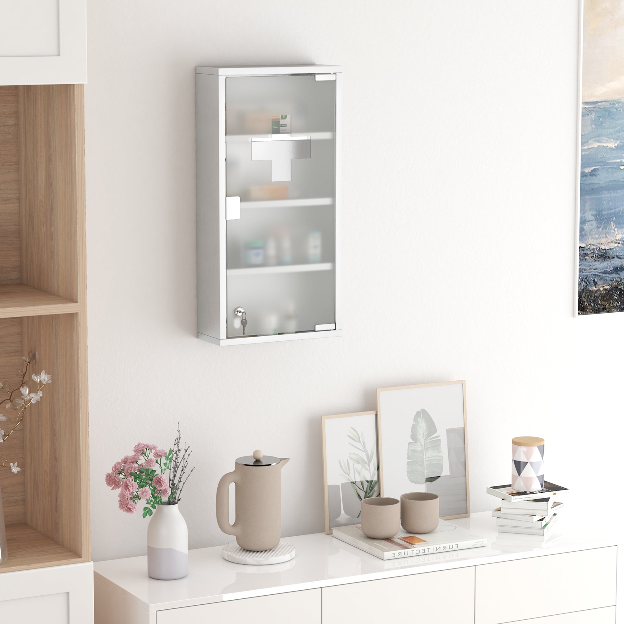 Wall Mount Medicine Cabinet, Bathroom Cabinet with 4 Tier Shelves, Stainless Steel Frame and Glass Door, Lockable with 2 Keys, Silver, 12