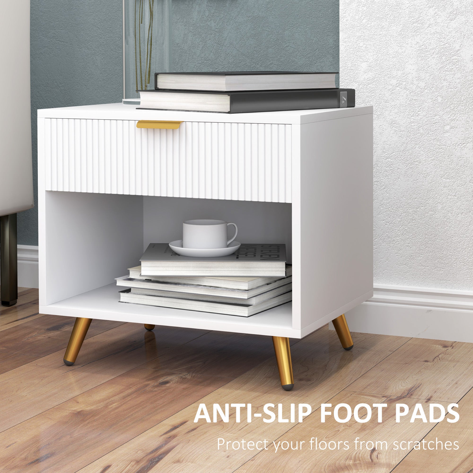 Nightstand with Fluted Panel, Bedside Table with Drawer and Open Compartment, Modern Night Table for Bedroom, White Bedside Tables at Gallery Canada