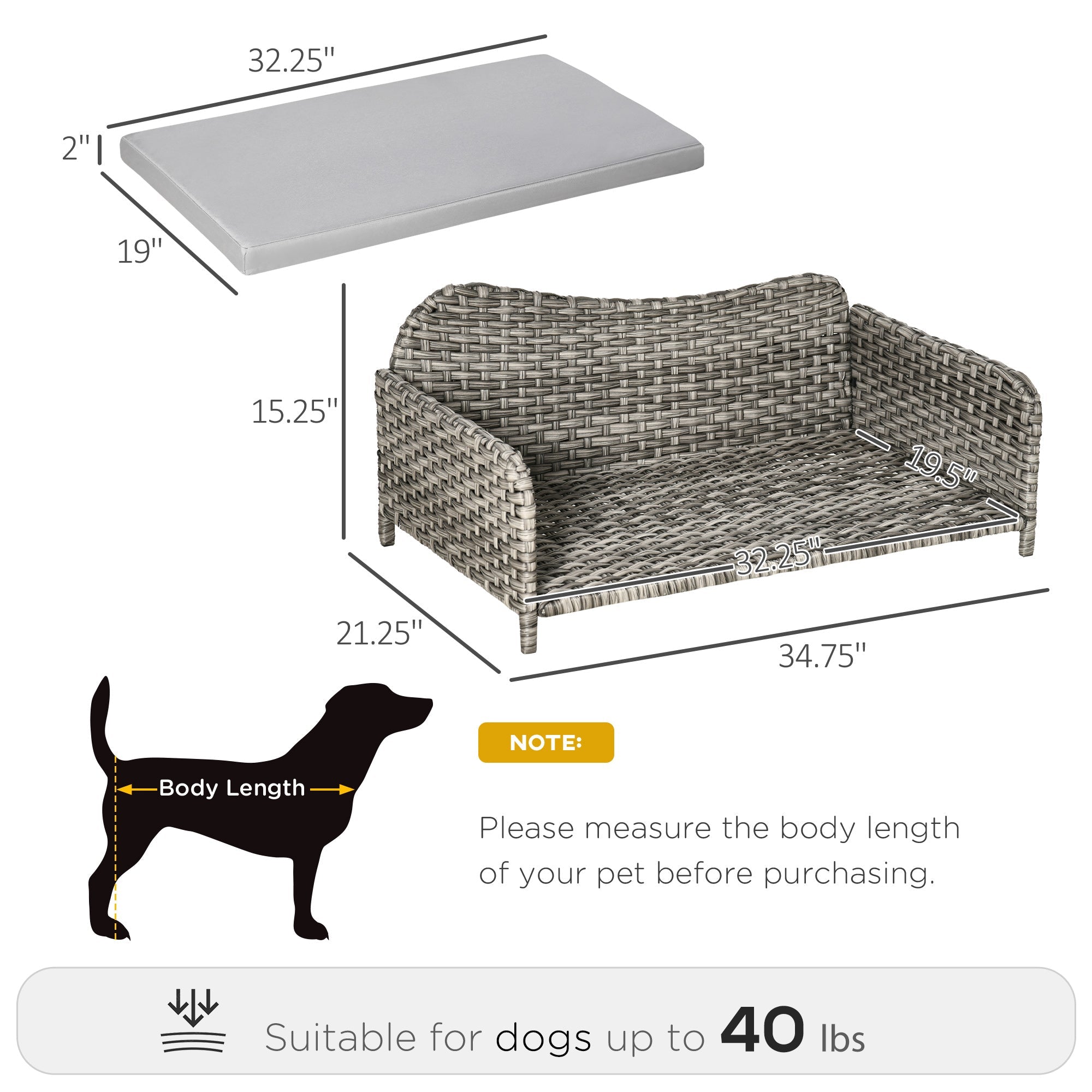 Rattan Pet Sofa for Large &; Medium Dogs, Indoor &; Outdoor Raised Wicker Dog Bed, Cat Couch, with Soft Washable Cushion, Light grey Dog Sofas Light Grey  at Gallery Canada