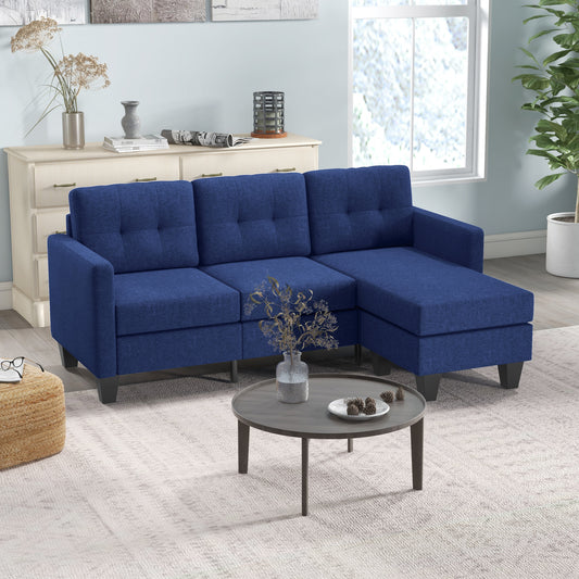 L-shaped Sofa, 3 Seater Sectional Couch with Ottoman, Corner Sofa with Thick Padded Cushion and Wood Legs, Dark Blue 3-Seater Sofas at Gallery Canada