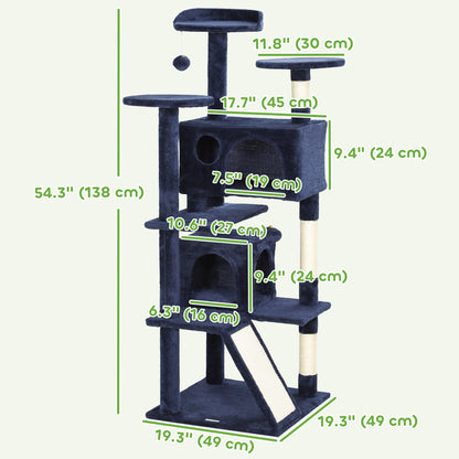 54" Cat Tree, Multi-Level Cat Tower with Scratching Posts, Cat Condos, Bed, Platforms, Ramp, Toy Ball, Dark Blue Cat Towers   at Gallery Canada