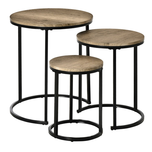 Nesting Tables Set of 3, Round Coffee Table, Modern Stacking Side Tables with Wood Grain Steel Frame for Living Room, Brown