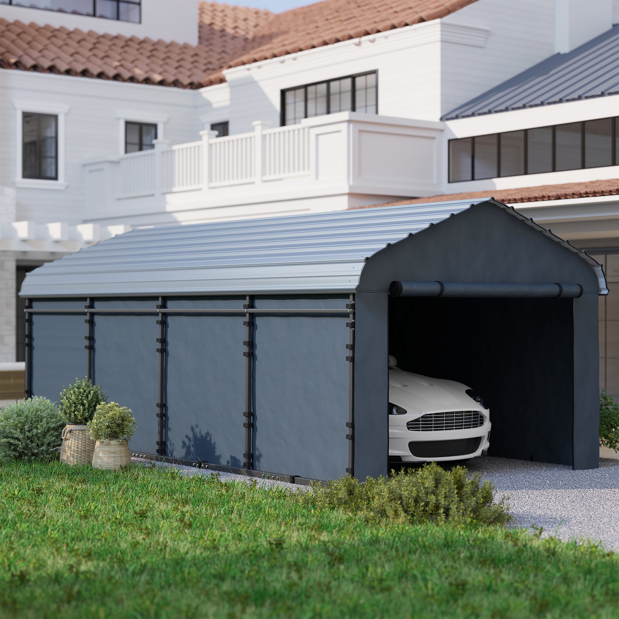 12' x 20' Metal Carport, Heavy Duty Garage Car Shelter with Galvanized Metal Roof and Removable Sidewalls, Dark Grey Car Shelters at Gallery Canada